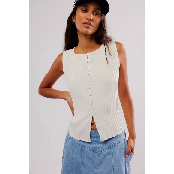 Free People Tilly Vest Blouse Top Knit Ribbed Buttondown Scoop-Neck M NEW 282775 - Picture 1 of 7
